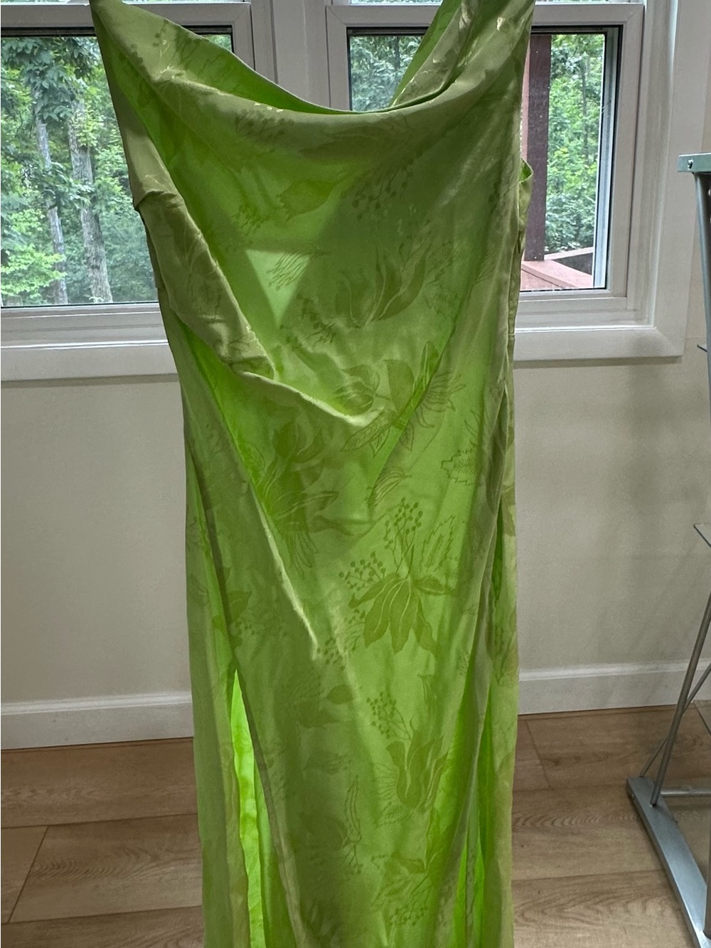 For Love & Lemons Lime Green Floral Satin Maxi Skirt